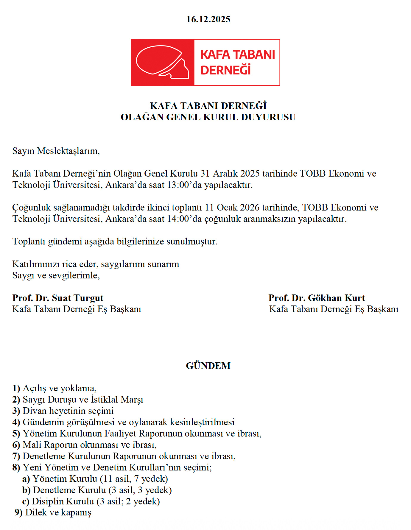 Kafa Tabanı Derneği Olağan Genel Kurul Duyurusu (31 Aralık 2025)